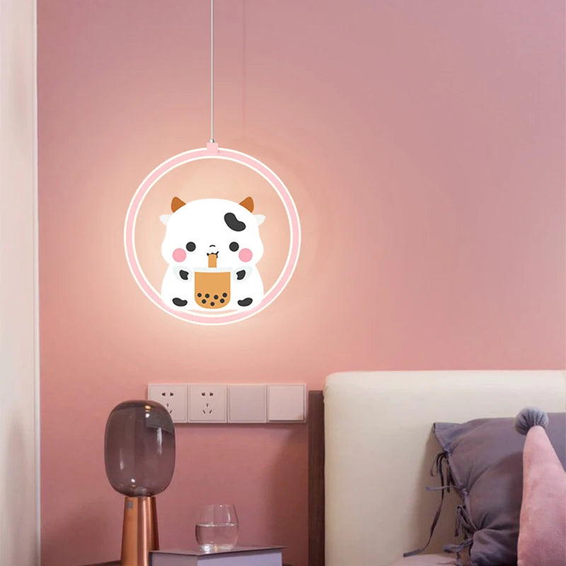 Cute pink cow and bear pendant light for children's bedroom
