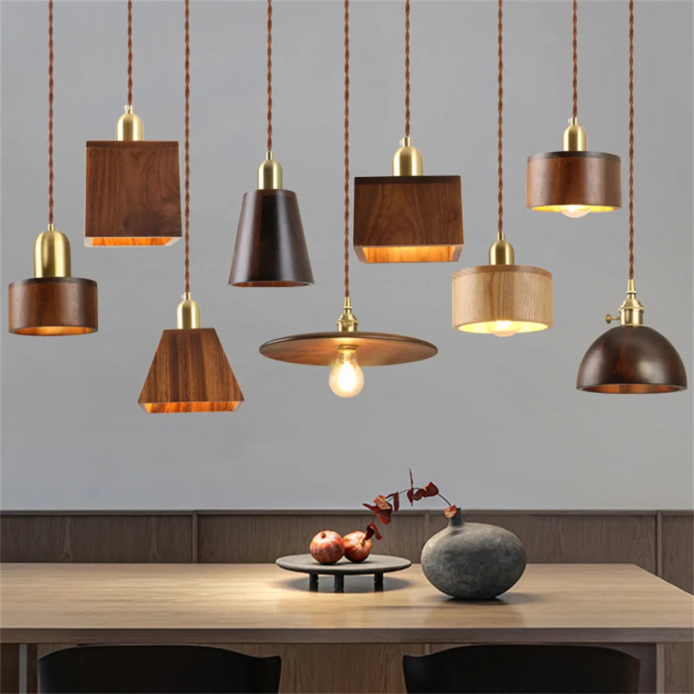 Nordic modern LED pendant light in brass and wood, loft kitchen island hanging lamp, home decor lighting, designer suspension