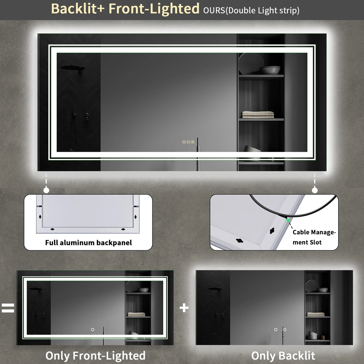 rectangular backlit mirror with dimmable brightness and touch switch - vue 5 sur 7