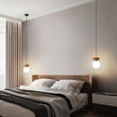 Nordic walnut wood grain LED ceiling light with round glass shade