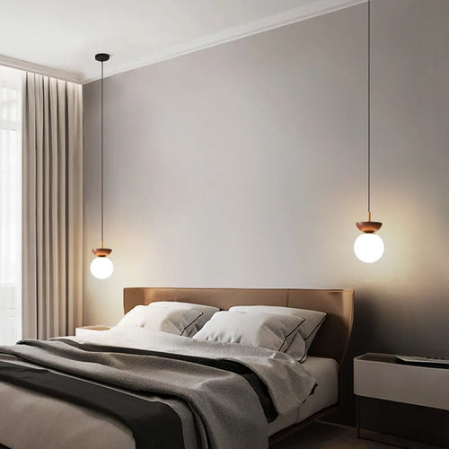 Nordic walnut wood grain LED ceiling light with round glass shade - vue 6 sur 10