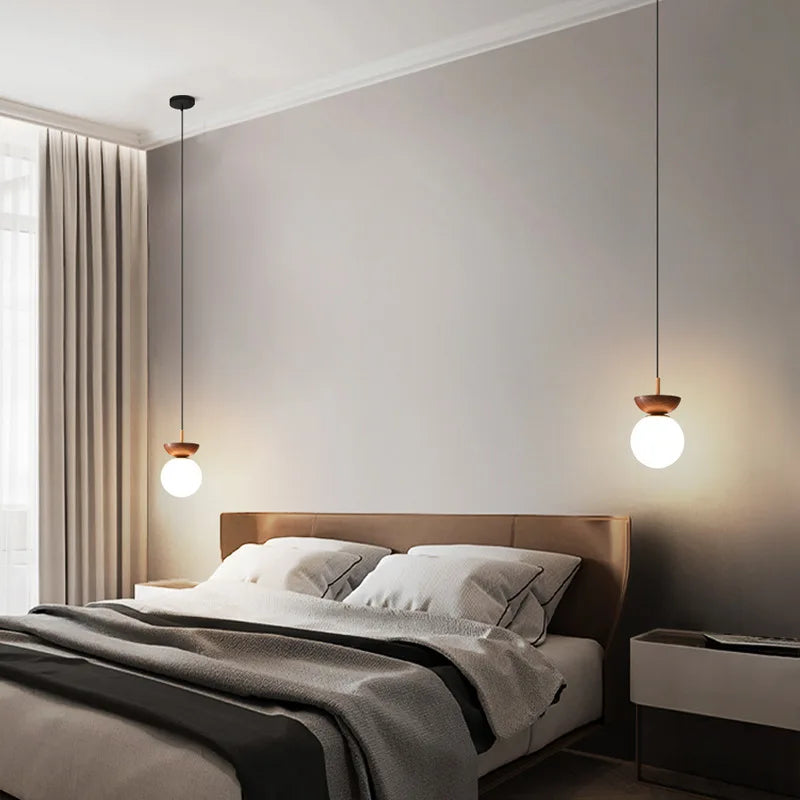 Nordic walnut wood grain LED ceiling light with round glass shade - vue 5 sur 10
