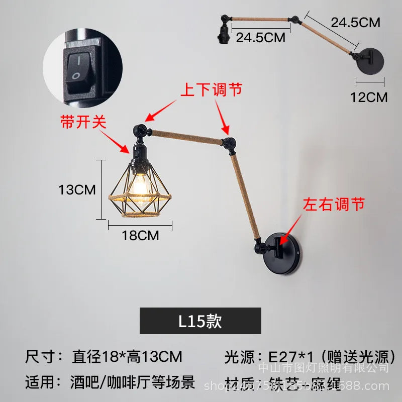 Nordic telescopic wall lamp with adjustable swivel arm and hemp rope - vue 20 sur 22