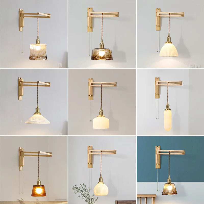 Glass, wood and ceramic wall light with foldable swivel arm - vue 6 sur 14