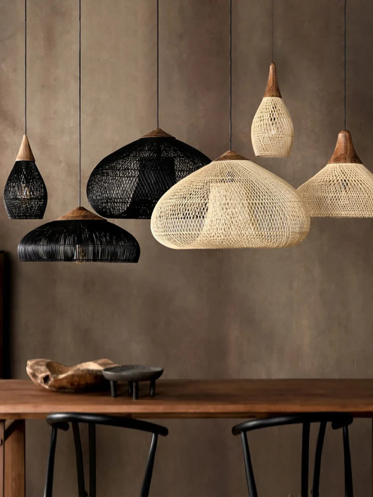 Woven rattan pendant light for tranquil Japanese-style restaurant