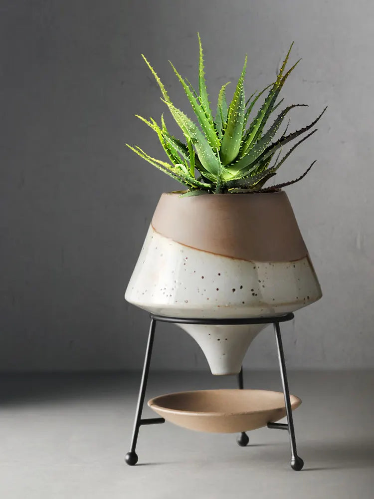 ceramic flower pot with modern metal stand - vue 5 sur 12