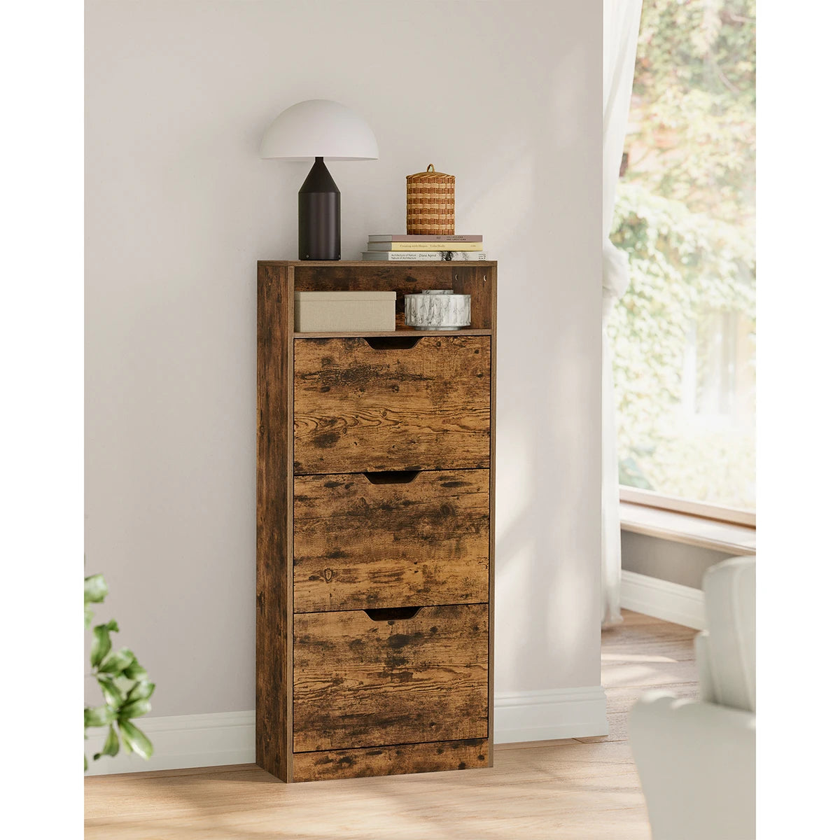 Shoe Cabinet with 3 Hinged Doors, Open Compartment, Adjustable Divider, 14 to 18 Pairs, 24 x 60 x 139 cm, Brown