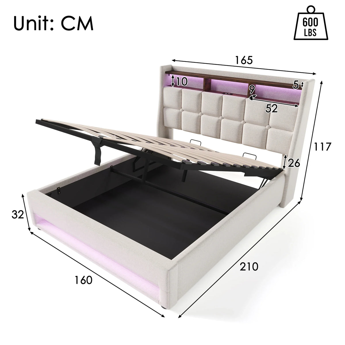 VSOGA Upholstered Bed with USB, 90/140/160/180 x 200 cm, LED Double Bed, Metal Slatted Frame, Linen (Mattress Not Included)