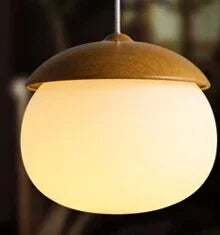 Modern glass and wood pendant light with mushroom design - vue 7 sur 8