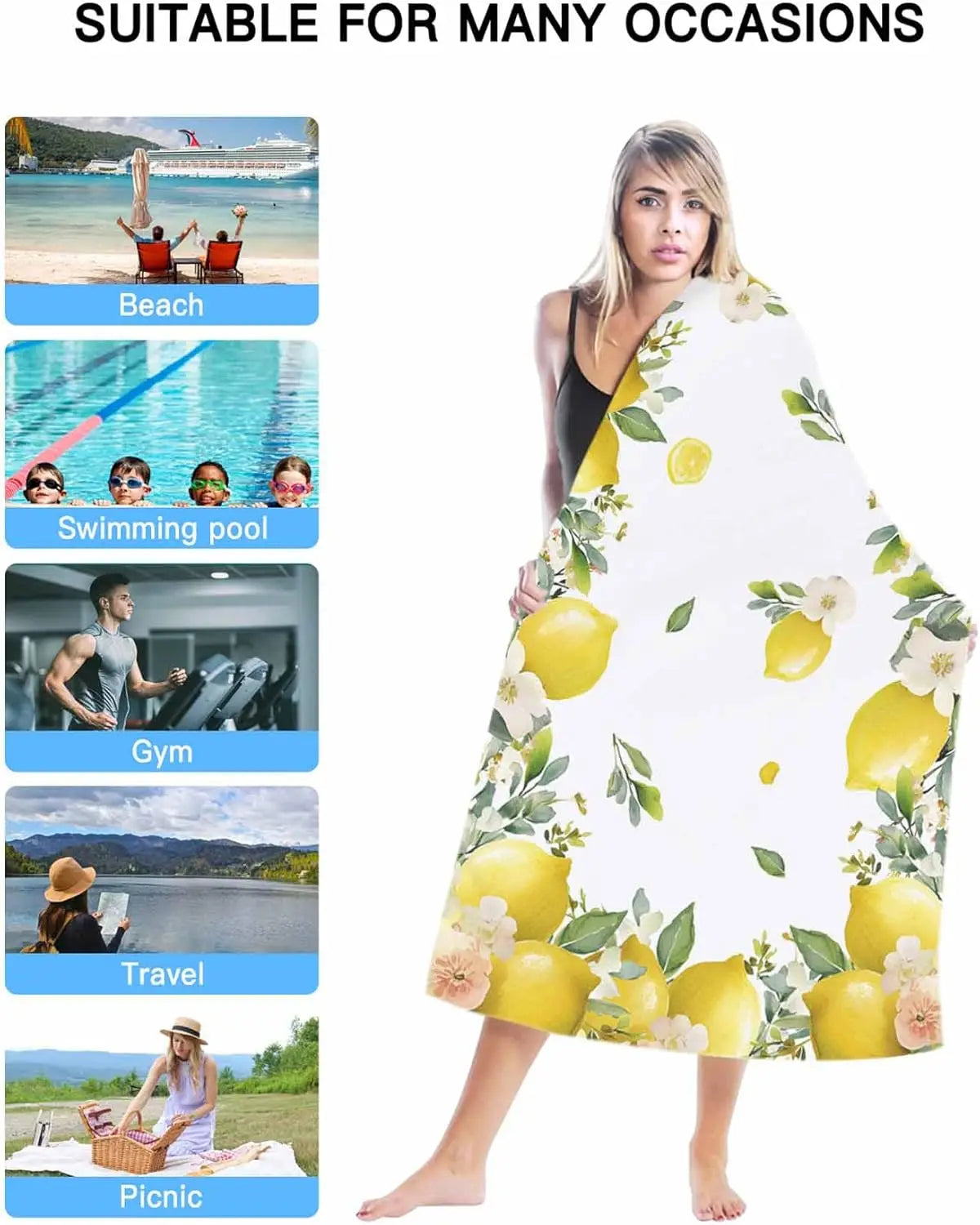 Microfibre bath towel with lemon floral pattern for beach