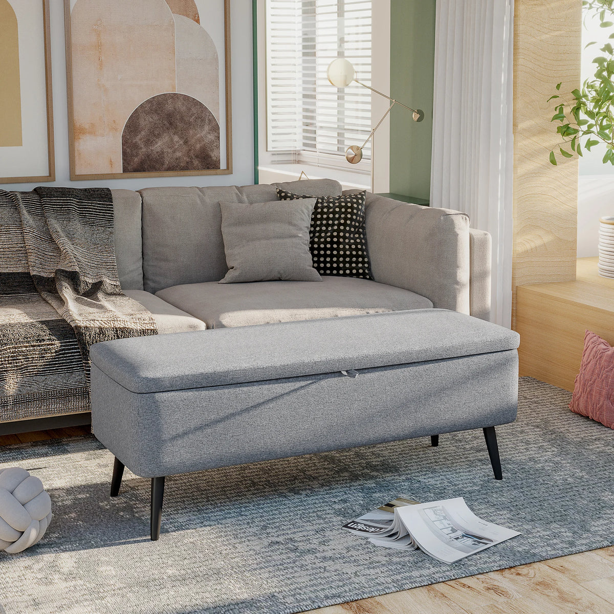 HOMCOM storage bench upholstered in linen with flip cover 101x38,5x44,5 cm - vue 2 sur 6