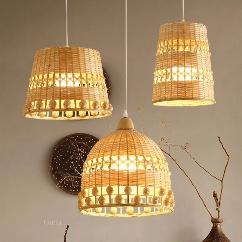 rustic nordic vintage style bamboo and rattan pendant light