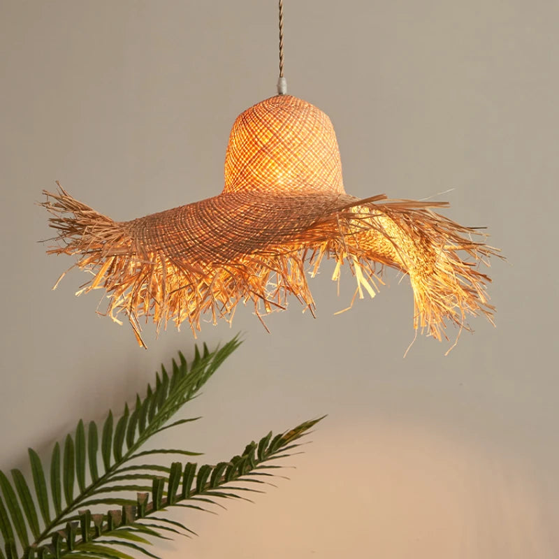 Vintage Japanese handmade woven straw hat pendant light