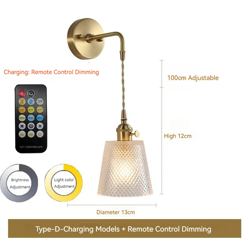 Scandinavian glass and brass LED wall light with battery switch - vue 11 sur 23