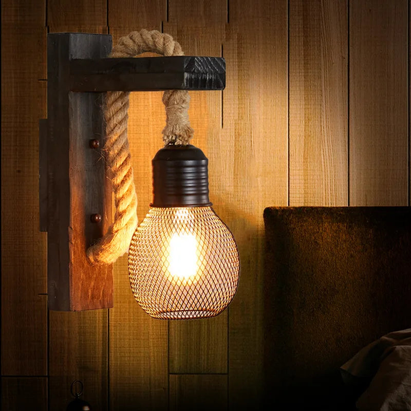 Vintage industrial loft wooden wall light with hemp rope - vue 8 sur 17