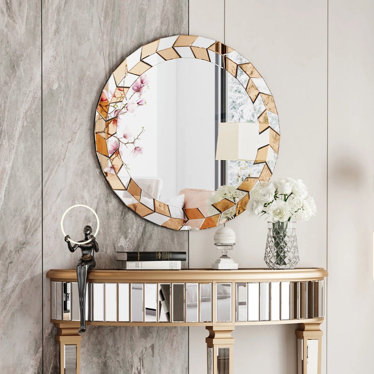 large round decorative mirror with beveled glass frame modern style