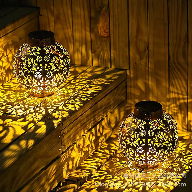 Wrought iron solar LED lantern for decorative garden