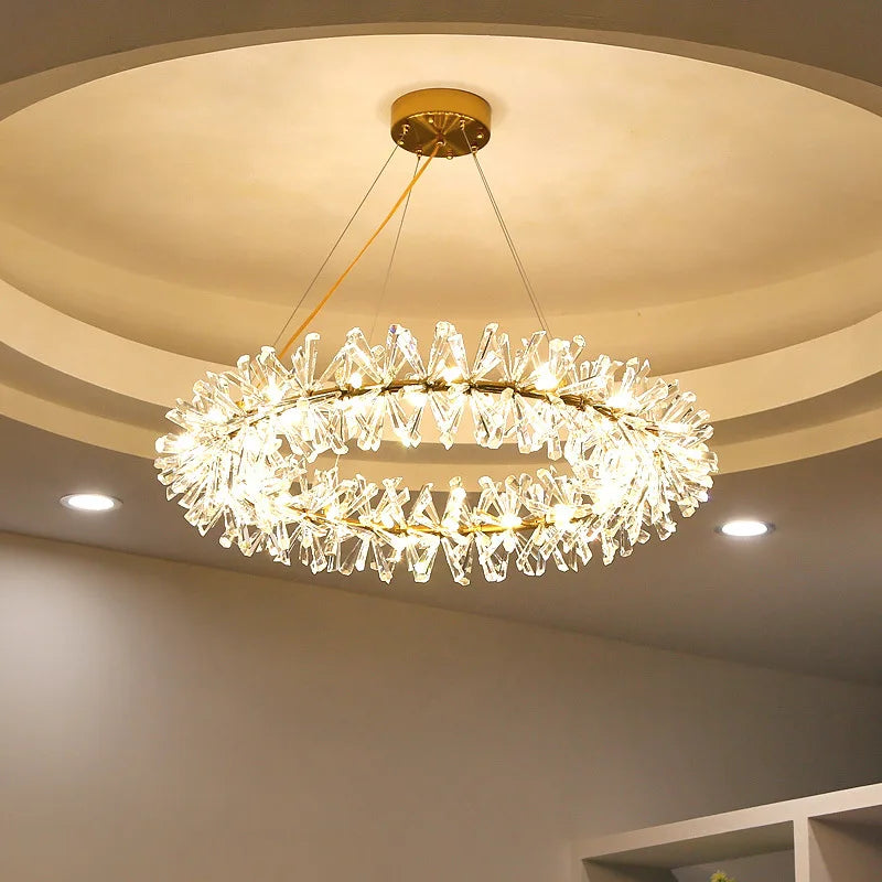 Clear crystal round LED chandelier with adjustable gold metal wire