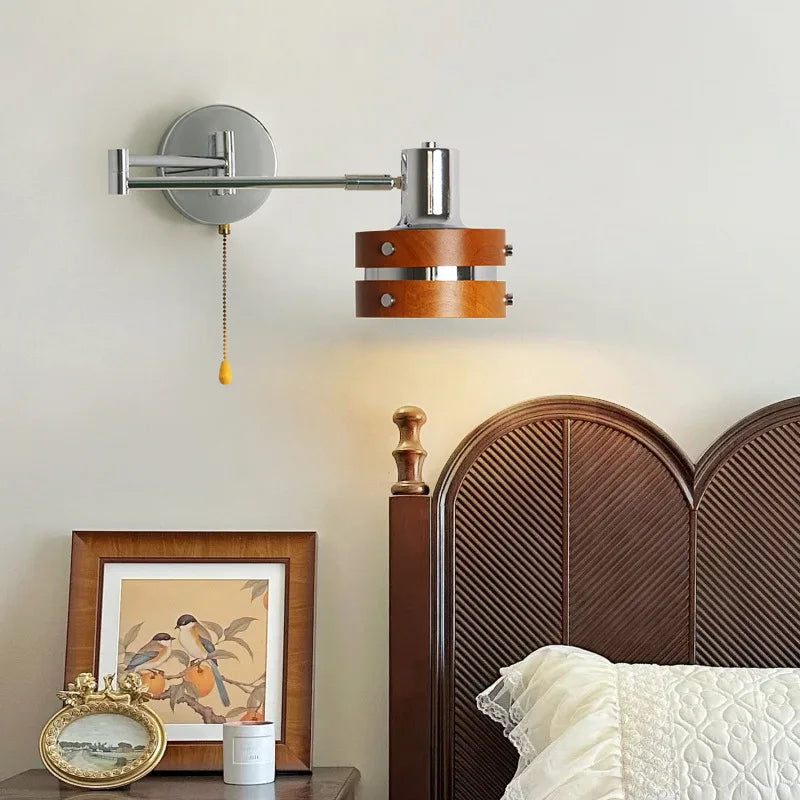 Retro foldable solid wood wall lamp for reading