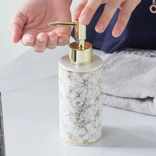 1pc Marble Pattern Ceramic Soap Dispenser,10.14oz Press Type Lotion Dispenser, Refillable Empty Bottle For Shampoo Shower Gel, B - vue 6 sur 8