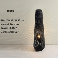 Cylindrical bamboo and wicker floor lamp with retro wooden weave