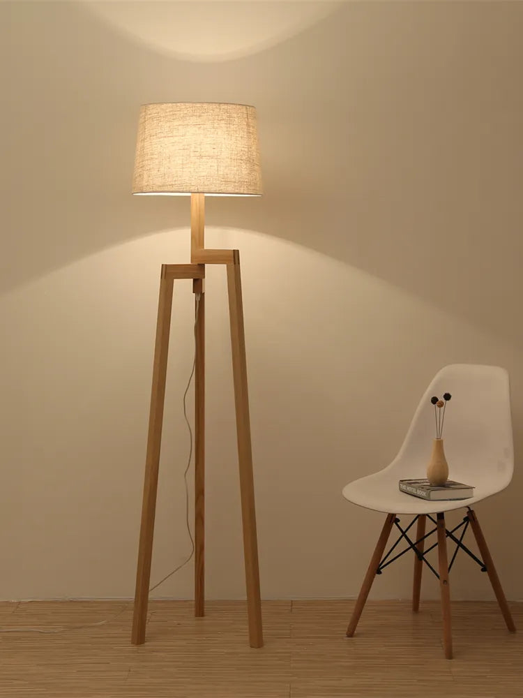 Vintage wooden tripod floor lamp for living room, study, bedroom or bedside with LED lighting