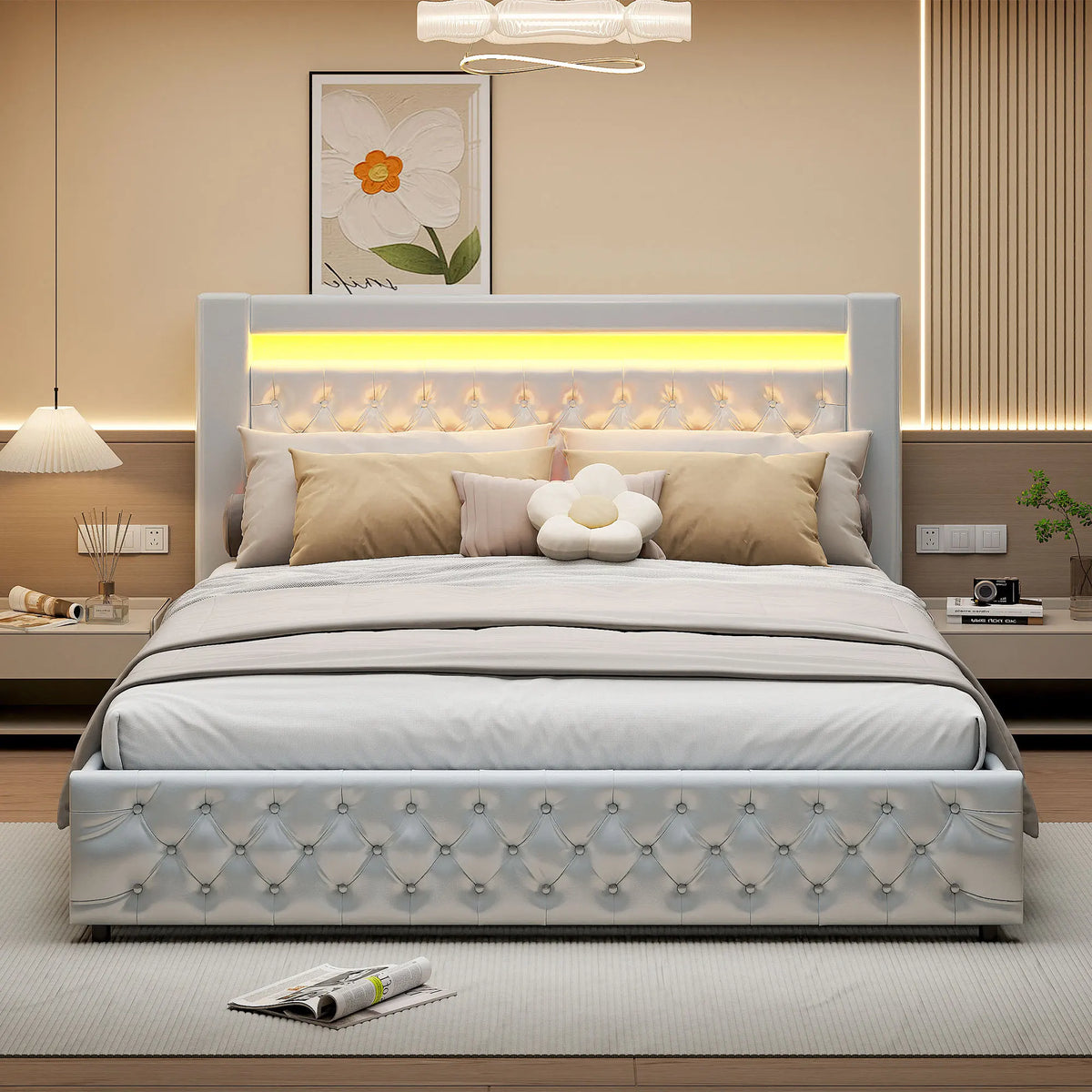 Upholstered Bed, Double Bed, PU Bedside Lamp, Hydraulic Functional Storage Bed, Headboard and Slatted Base, Padded Backrest - vue 3 sur 9