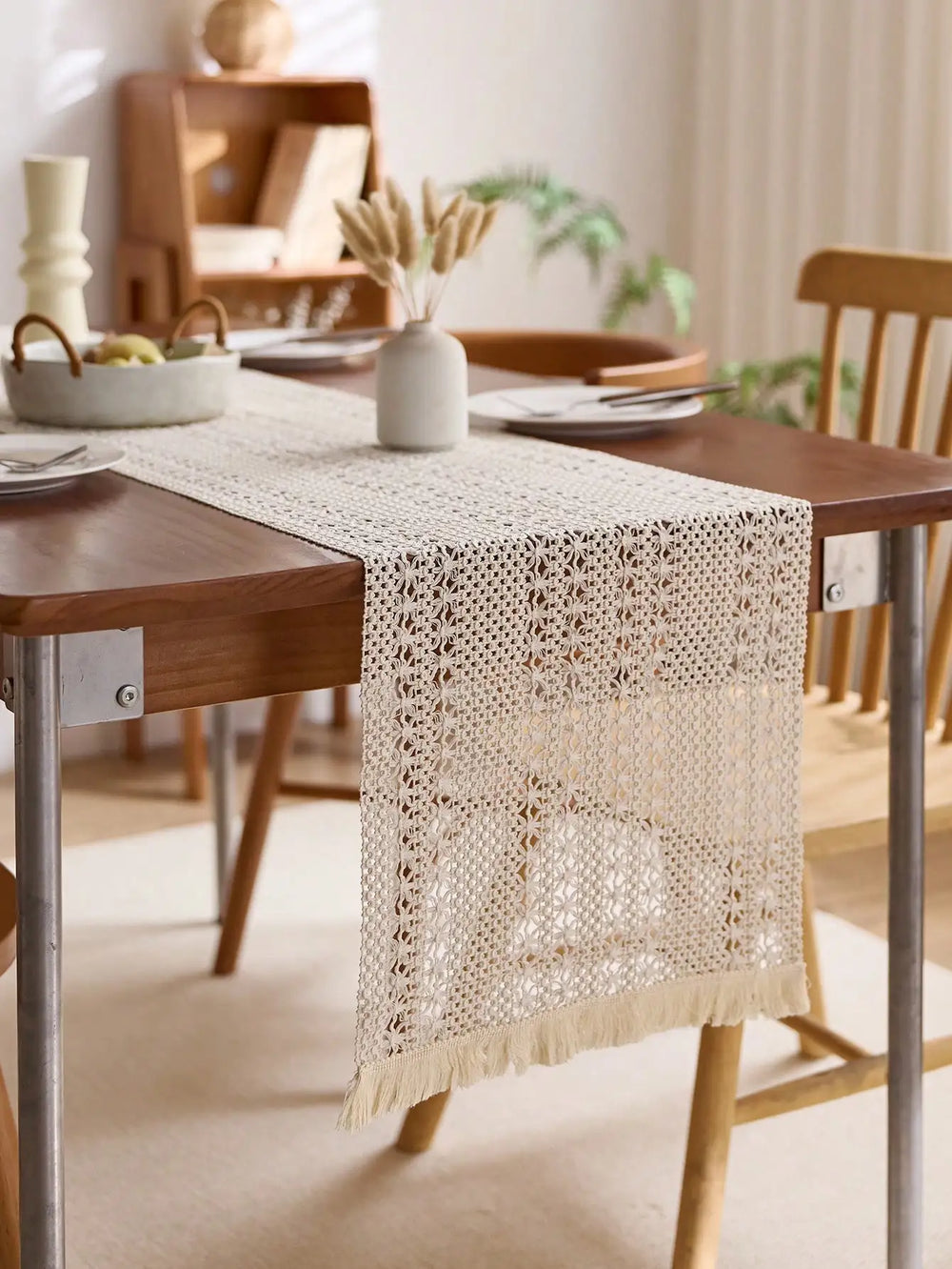 Nordic boho woven table runner with tassels