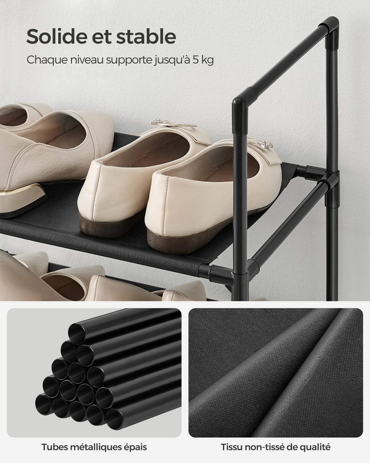 SONGMICS 10-Tier Shoe Rack, Shoe Stand, Space-Saving Shoe Storage, 33 x 33 x 173 cm, Metal Frame, Non-Woven Fabric Shelves - vue 4 sur 7