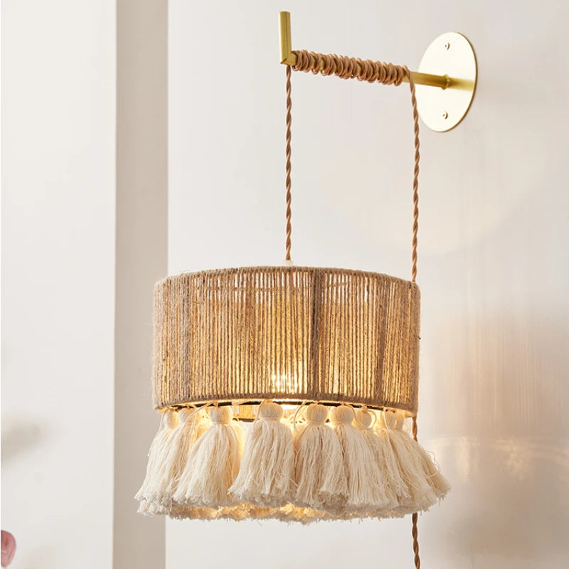 Retro bohemian hemp wall light with tassel