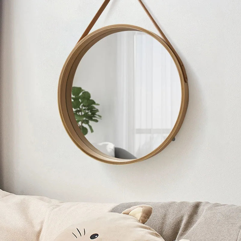Round thick wood wall mirror for makeup
