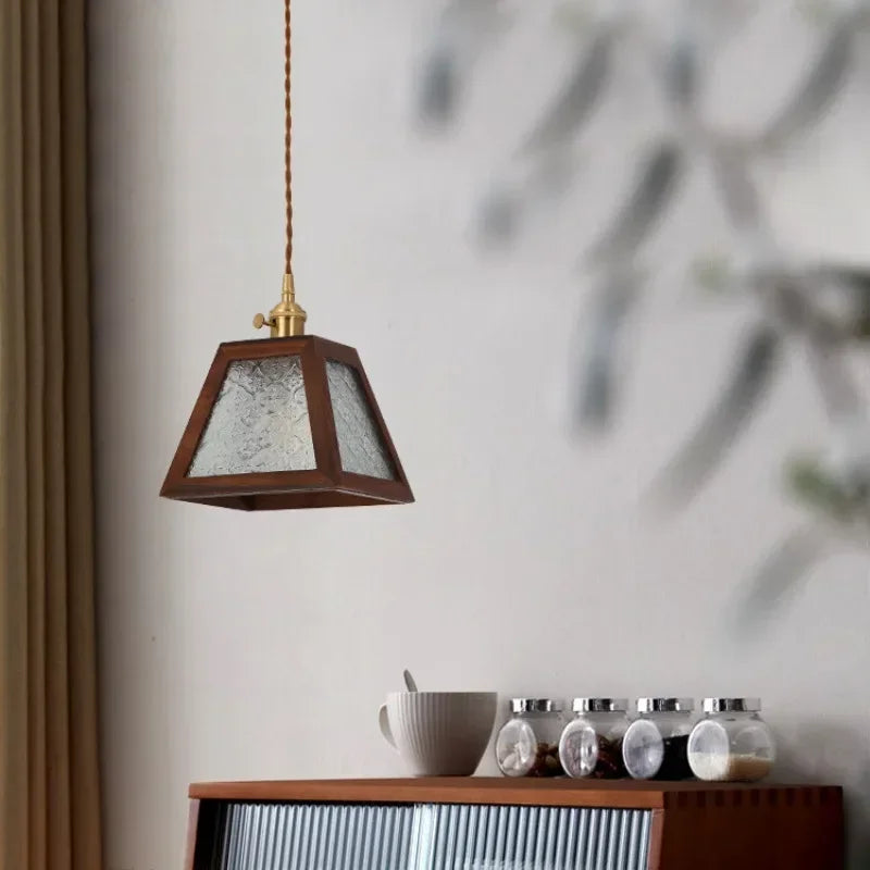 Vintage haitang pendant light in solid wood and glass shanghai