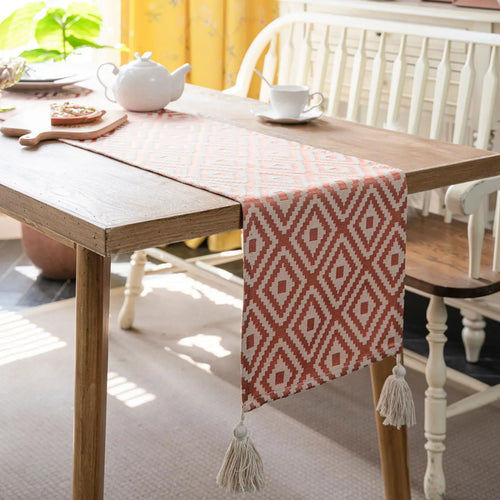 Beige geometric boho table runner with tassels