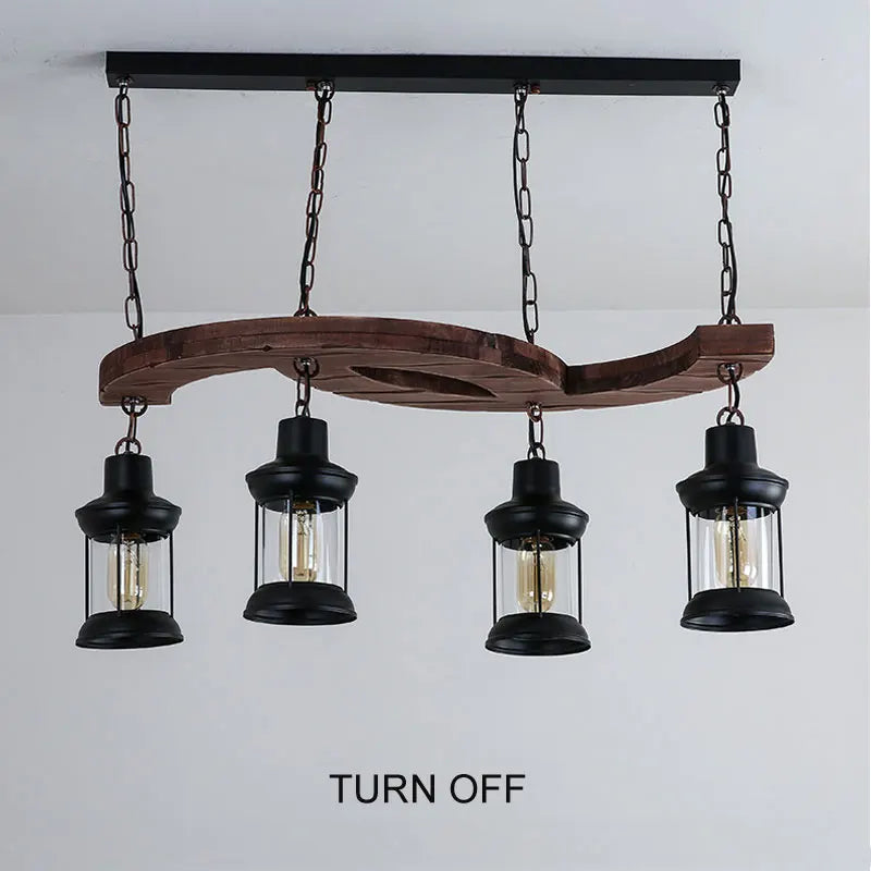 Retro industrial 4-head wood and iron chandelier for café, bar or loft - vue 4 sur 7