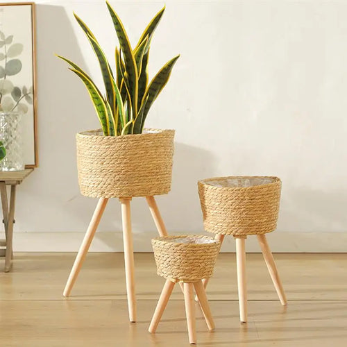 decorative woven wooden flower basket on legs