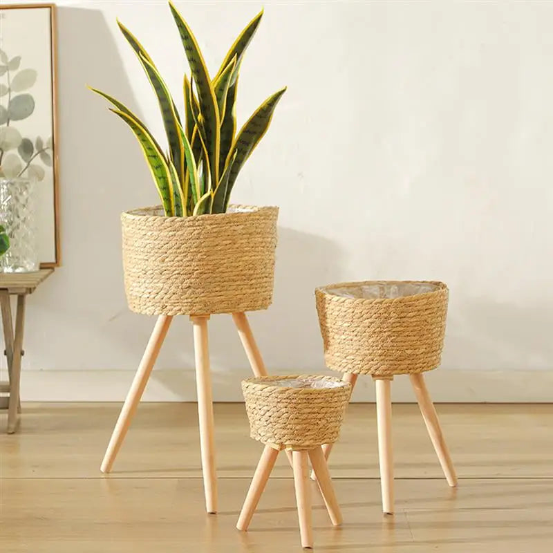 decorative woven wooden flower basket on legs