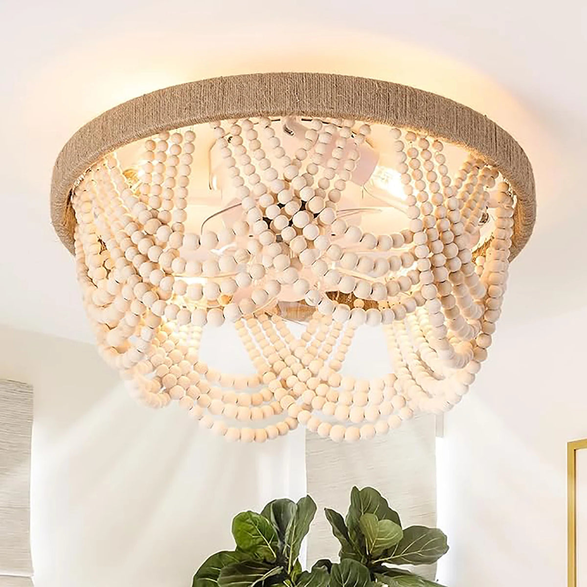 Bohemian wood beaded LED ceiling light with remote control nordic vintage style