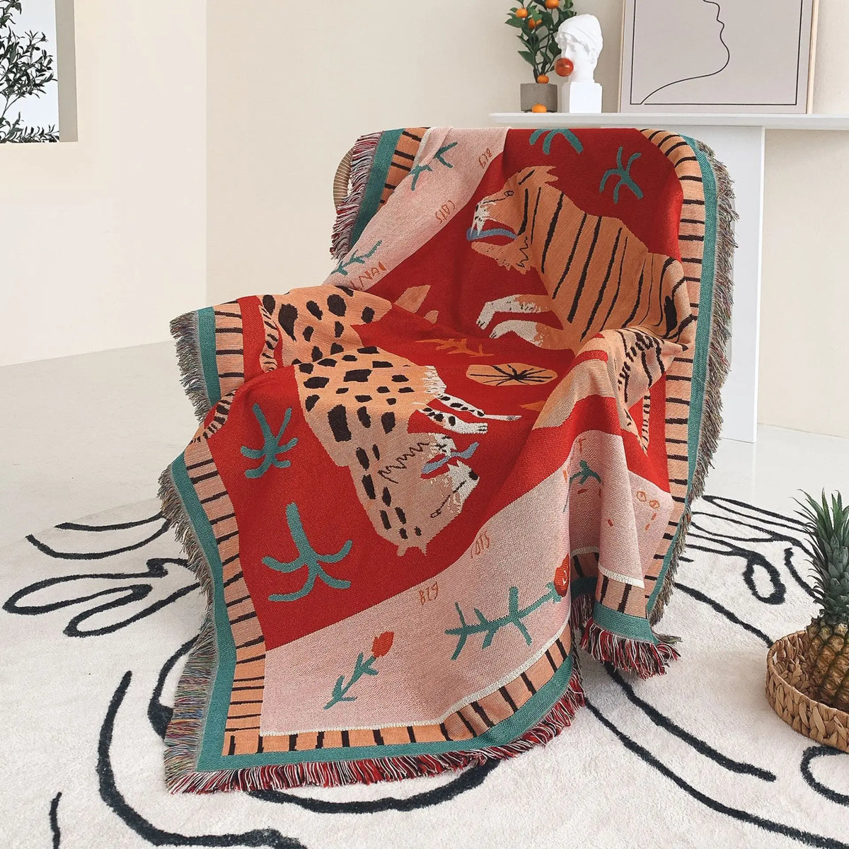 Bohemian throw with landscape pattern for sofa, living room, bedroom