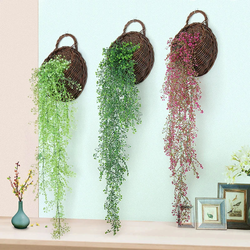 Rattan wall decoration with leaves and golden bell - vue 4 sur 11