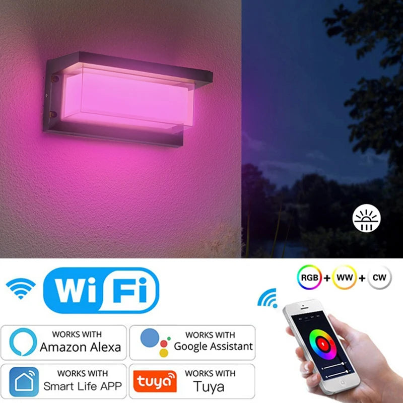 Outdoor waterproof LED wall lamp, aluminium, RGB, Tuya smart wifi, dimmable, porch and garden wall light
