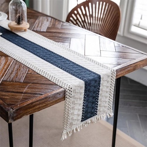 Boho cotton linen geometric table runner with tassels