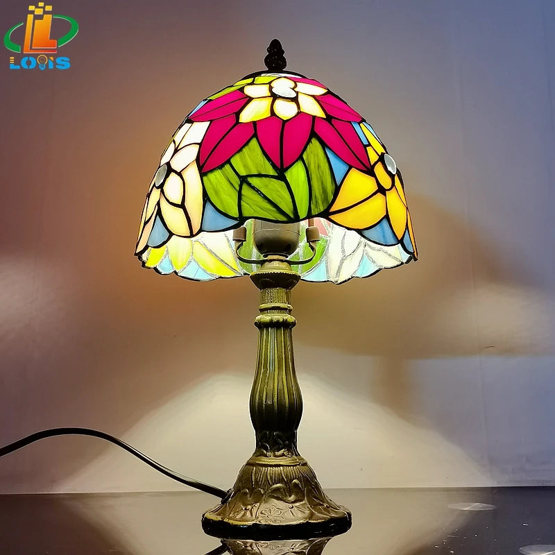 Scandinavian stained glass table lamp with antique metal