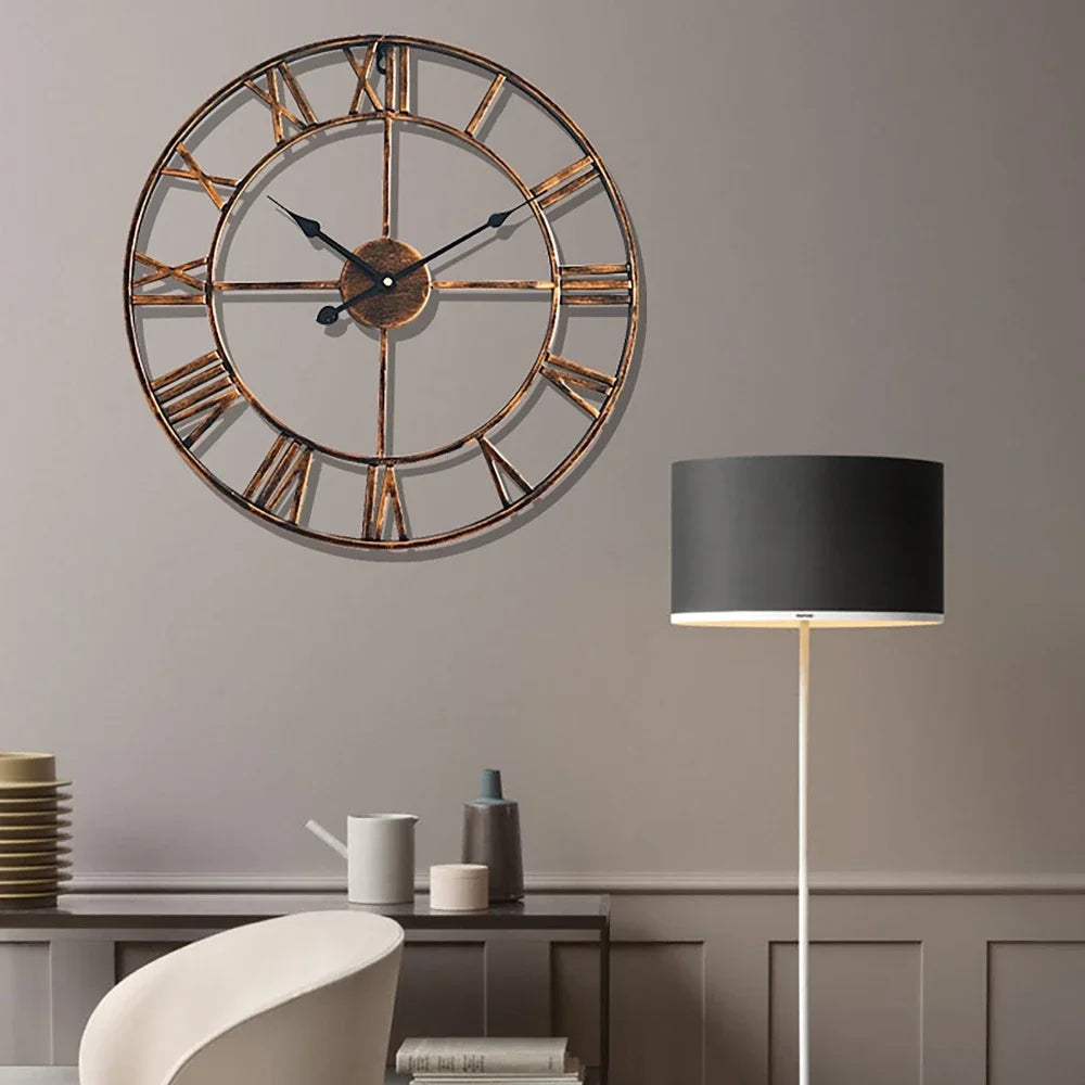 3D style hollow metal retro wall clock with Roman numerals