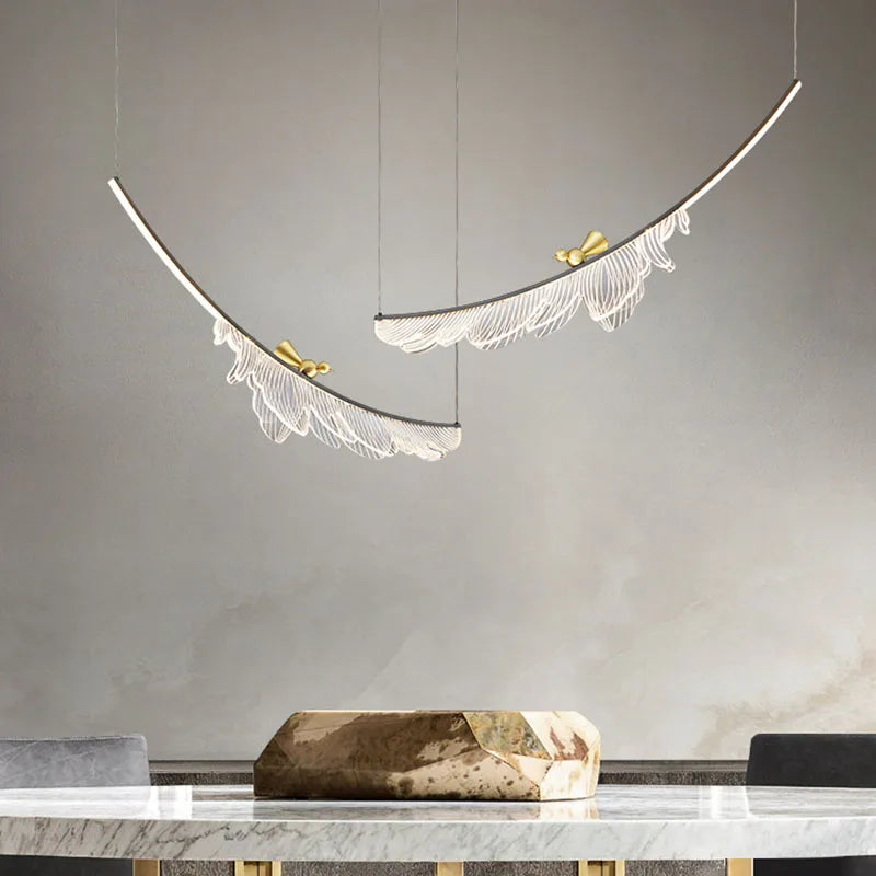 Artistic designer feather and metal wire adjustable chandelier