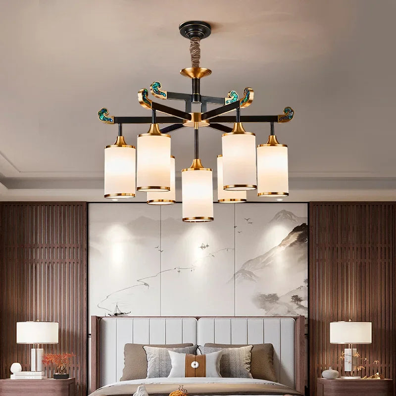 Minimalist Chinese copper chandelier with LED lights luxury décor - vue 3 sur 12
