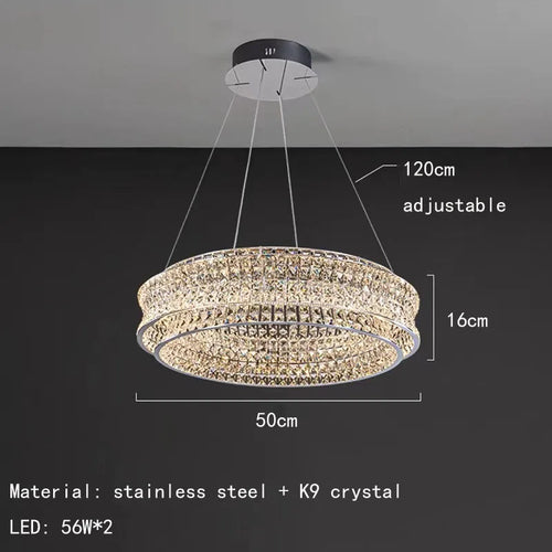 Modern clear crystal chandelier in stainless steel with dimmable light and adjustable cord