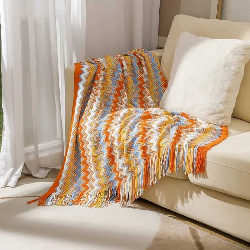 Boho woven checkered throw with tassels for sofa