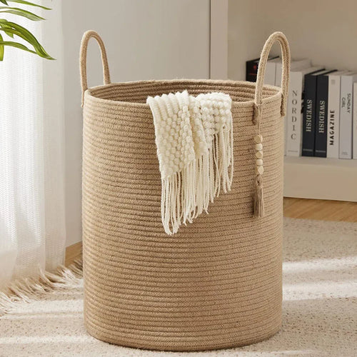 grand panier de rangement tissé avec poignées en coton pliable - vue 9 sur 9