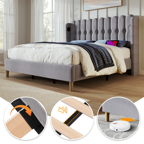 Cushion Bed Double with USB Type C Charging, Slatted Frame, Upholstered, Gray, 140x200 cm, Youth/Guest Room, Linen - vue 3 sur 6
