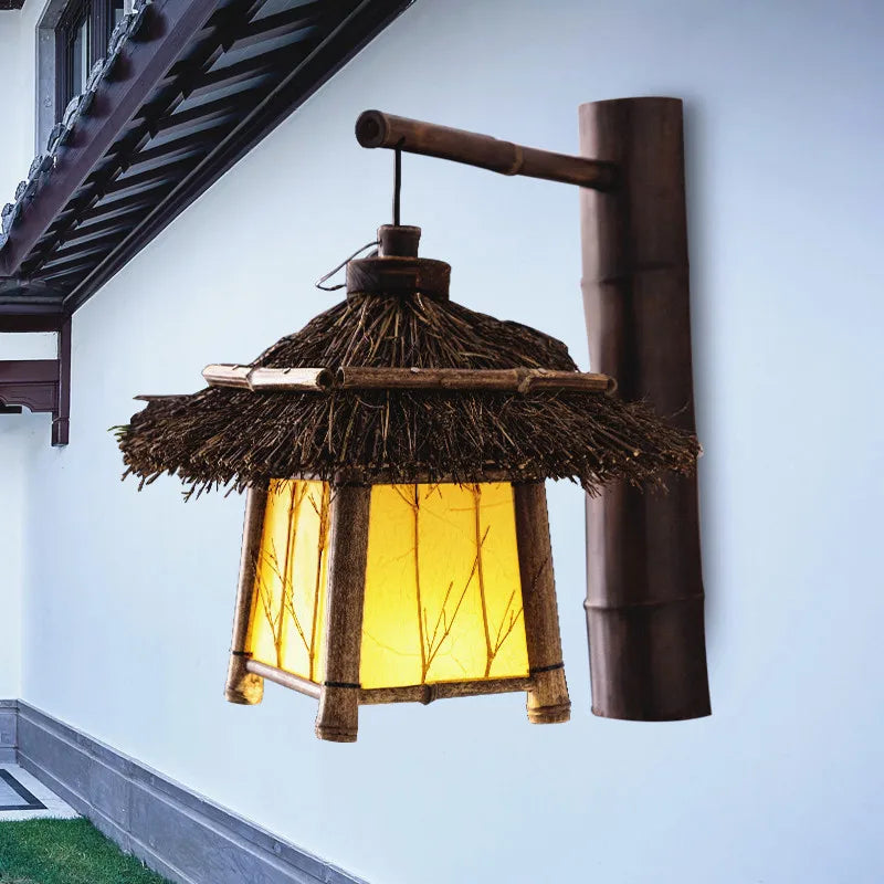 Retro hand-knitted wicker wall light for indoor and outdoor use
